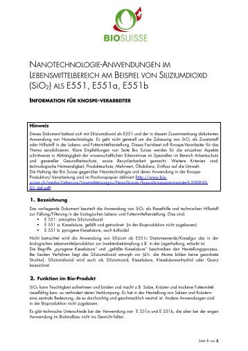 (SiO2) ALS E551, E551a, E551b - Bio Suisse