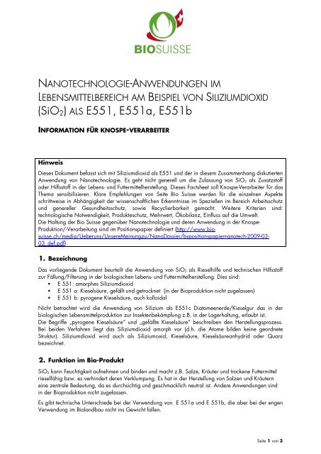 (SiO2) ALS E551, E551a, E551b - Bio Suisse