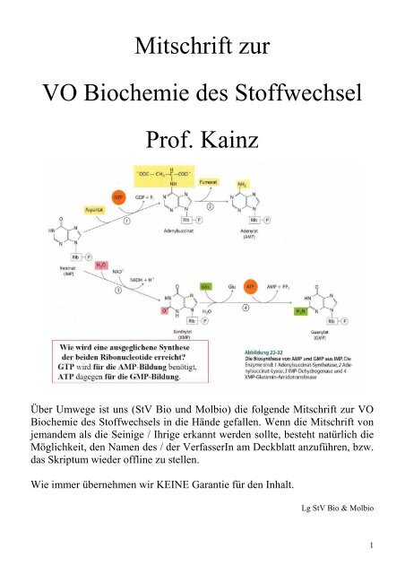 Mitschrift zur VO Biochemie des Stoffwechsel Prof. Kainz