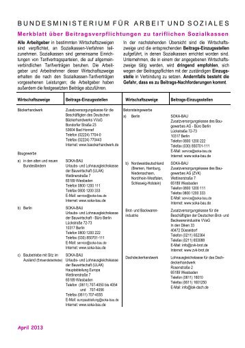 Merkblatt über Beitragsverpflichtungen zu tariflichen Sozialkassen