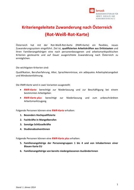 Information zur Rot-Weiß-Rot Karte / 2014 (pdf) - Bundesministerium ...