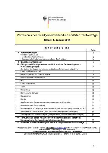 Verzeichnis der für allgemeinverbindlich erklärten Tarifverträge