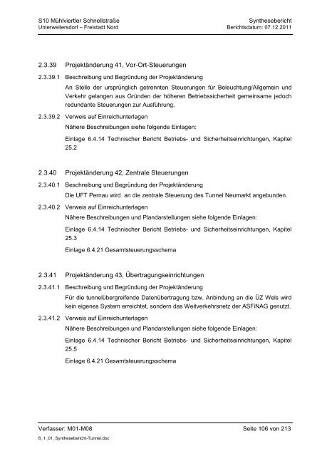 6.1.1. Synthesebericht Projektänderungen Tunnelbauwerke