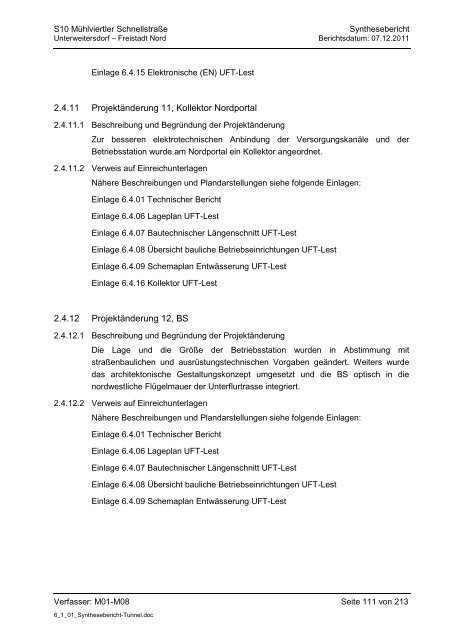 6.1.1. Synthesebericht Projektänderungen Tunnelbauwerke