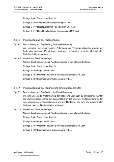 6.1.1. Synthesebericht Projektänderungen Tunnelbauwerke