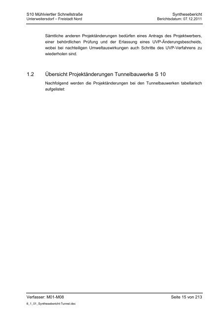 6.1.1. Synthesebericht Projektänderungen Tunnelbauwerke