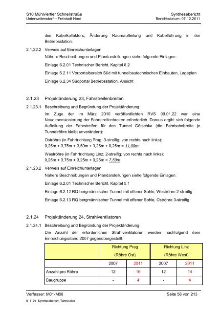 6.1.1. Synthesebericht Projektänderungen Tunnelbauwerke