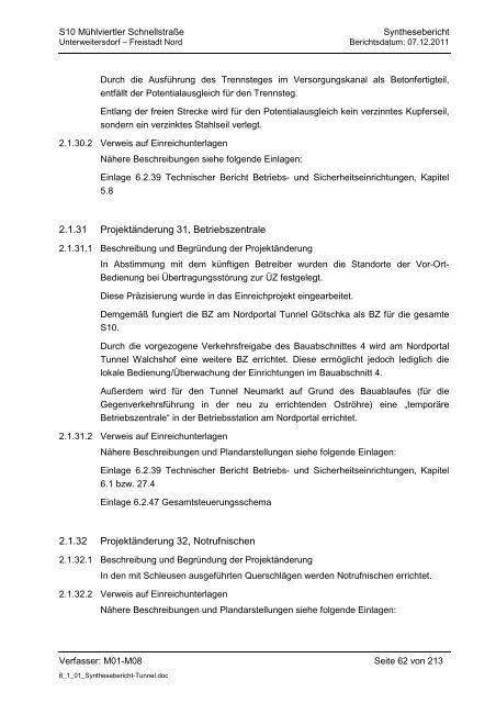 6.1.1. Synthesebericht Projektänderungen Tunnelbauwerke