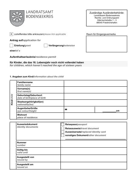 Aufenthaltstitel, Antrag auf Erteilung/Verlängerung - Kinder