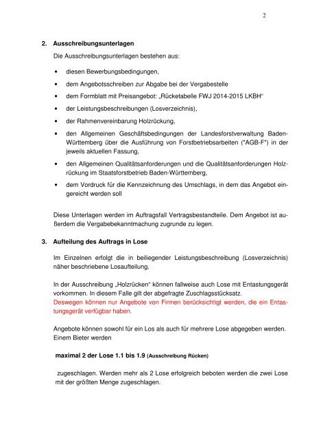 Ausschreibungsunterlagen "Holzbringung 2014-2015"