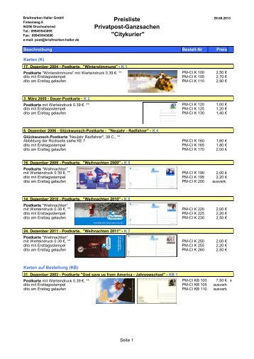 Preisliste Privatpost-Ganzsachen "Citykurier" - Briefmarken HALLER