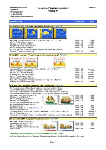 Preisliste Privatpostmarken "RIDAS" - Briefmarken HALLER