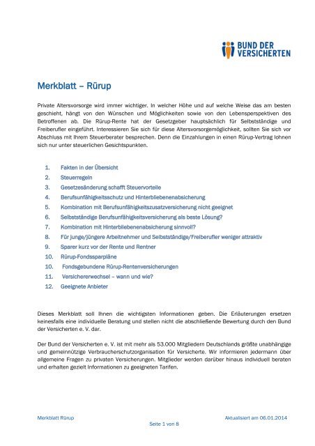 Merkblatt – Rürup - Bund der Versicherten e.V.