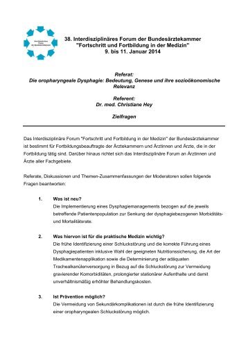 Zielfragen zum Referat: Die oropharyngeale Dysphagie: Bedeutung ...