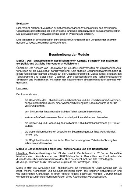 Curriculum „Qualifikation Tabakentwöhnung“ - Bundesärztekammer