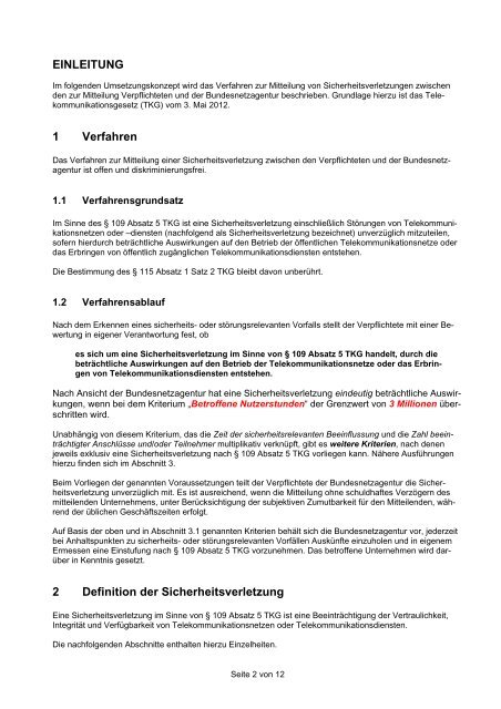 Umsetzungskonzept § 109 (5) TKG: Mitteilung Sicherheitsverletzung ...