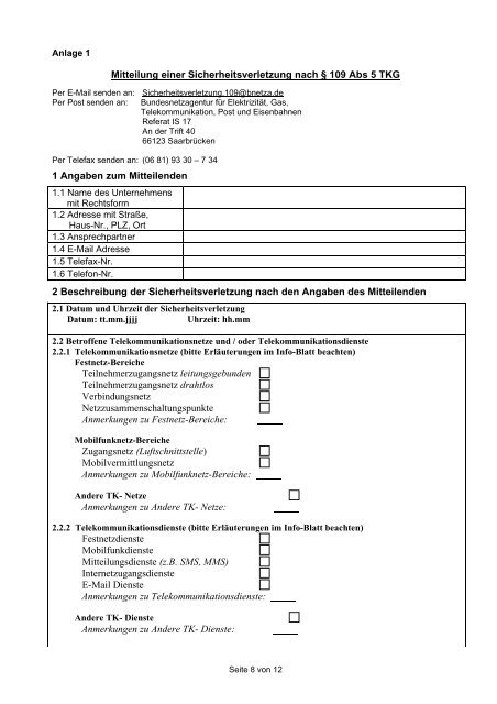 Umsetzungskonzept § 109 (5) TKG: Mitteilung Sicherheitsverletzung ...