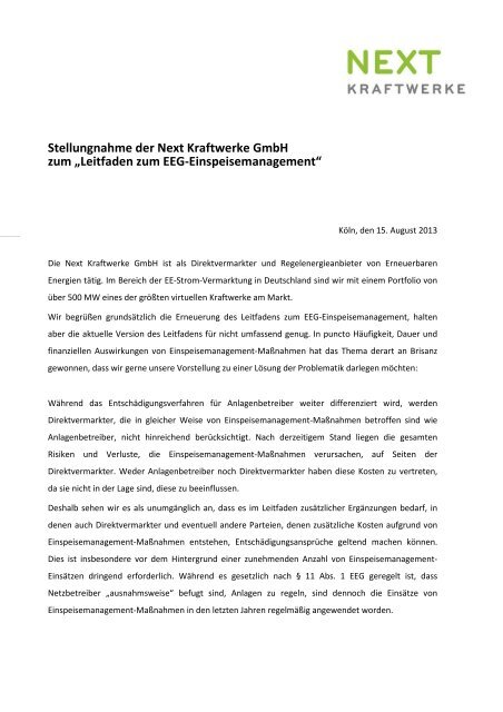 Stellungnahme NEXT Kraftwerke - Bundesnetzagentur
