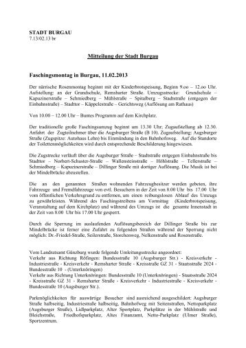 Mitteilung der Stadt Burgau Faschingsmontag in Burgau, 11.02.2013