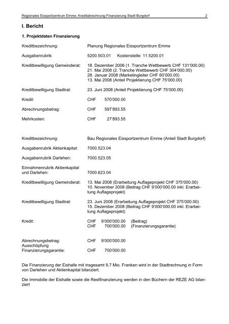 Kreditabrechnung Regionales Eissportzentrum Emme ... - Burgdorf