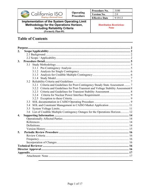 Operating Limit Book Example 3100 Implementation of System Operating Limit ... - California ISO