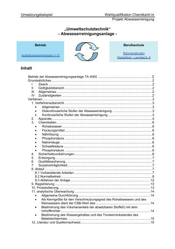 „Umweltschutztechnik“ - Abwasserreinigungsanlage - Inhalt