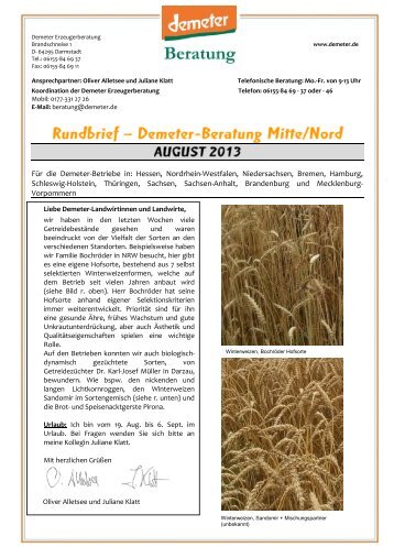 Beraterrundbrief Landwirtschaft August 2013 - Demeter
