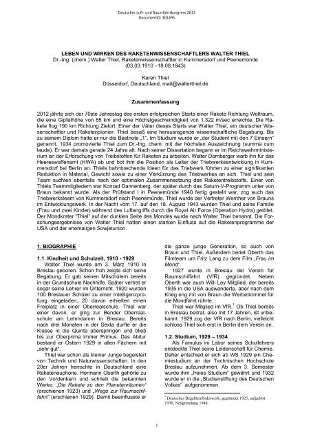 Leben Und Wirken Des Raketenwissenschaftlers Walter Thiel