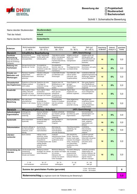 Bewertung der Studienarbeit Bachelorarbeit ... - DHBW Karlsruhe