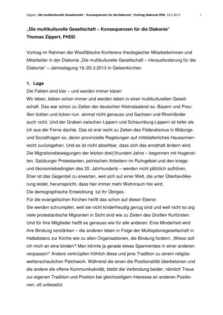 „Die multikulturelle Gesellschaft – Konsequenzen für die Diakonie ...