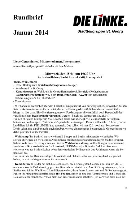 Rundbrief Januar 2014 - DIE LINKE. Bezirksverband Hamburg-Mitte