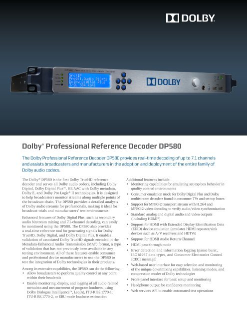 Dolby® Professional Reference Decoder DP580