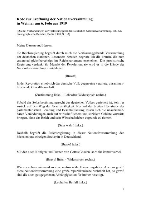 Rede Friedrich Eberts zur Eröffnung der Nationalversammlung in ...