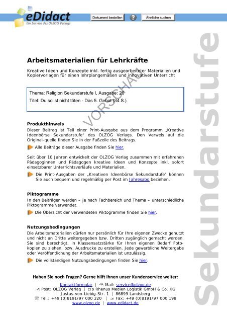 Arbeitsmaterialien Sekundarstufe - Du sollst nicht töten - Das 5. Gebot