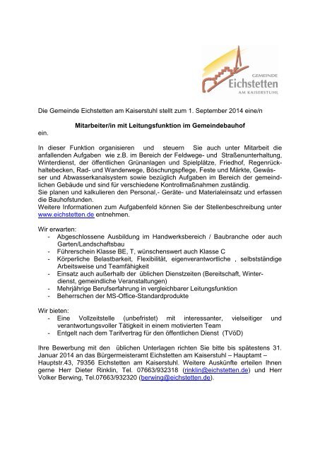 Stellenausschreibung Bauhofmitarbeiter mit Leitungsfunktion