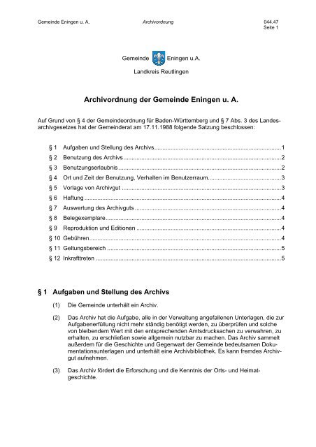 Archivordnung - Gemeinde Eningen unter Achalm