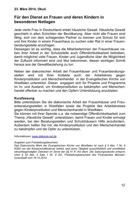Kollektenplan 2014 - Evangelische Kirche von Westfalen