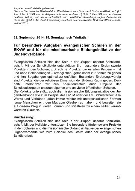 Kollektenplan 2014 - Evangelische Kirche von Westfalen