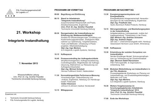 21. Workshop "Integrierte Instandhaltung" - FGLnet