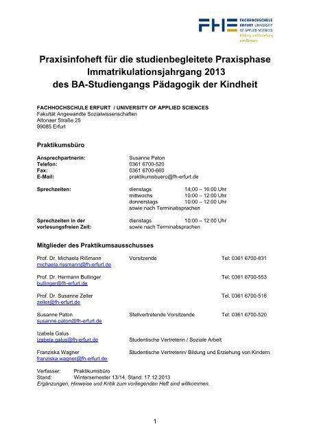 Praxisinfoheft Immajahrgang 13 Fachhochschule Erfurt