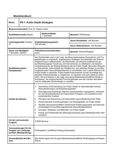 Modulhandbuch PH 1: Public Health Strategien