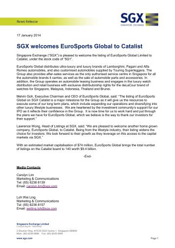 SGX welcomes EuroSports Global to Catalist - FinanzNachrichten.de