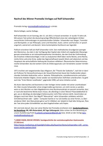 Promedia Verlag: Nachruf auf Rolf Schwendter