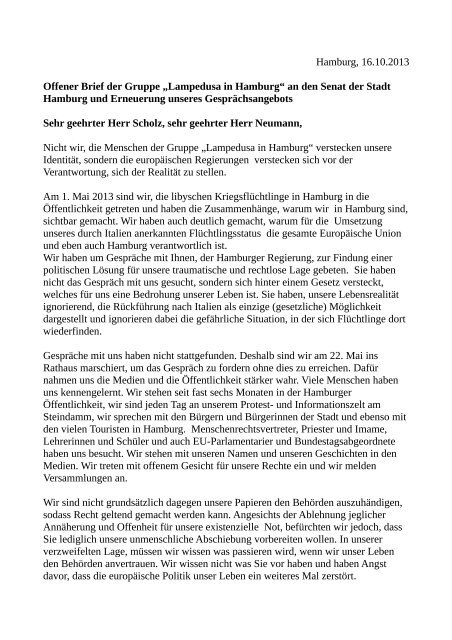 Offener Brief der Gruppe "Lampedusa in Hamburg" an den Senat ...
