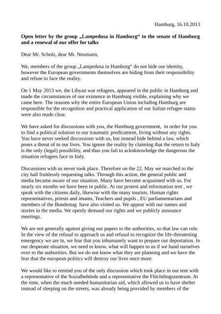 Offener Brief der Gruppe "Lampedusa in Hamburg" an den Senat ...