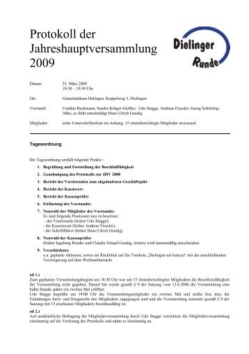Protokoll der Jahreshauptversammlung 2009 - Dielinger Runde e.v.