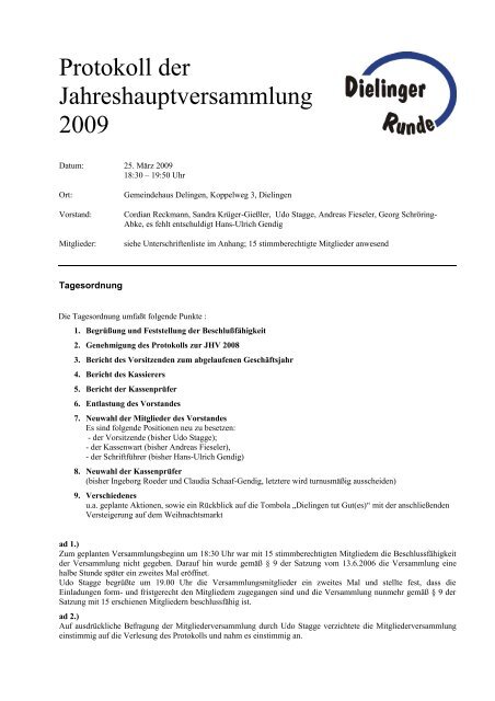 Protokoll der Jahreshauptversammlung 2009 - Dielinger Runde e.v.