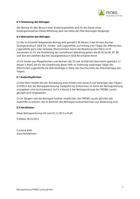 Beitragsordnung der Stadt Cottbus - FRÖBEL-Gruppe