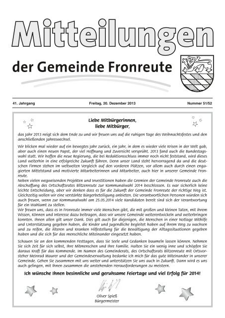 Mitteilungsblatt vom 20.12.2013 - Nummer 51_52 - Fronreute