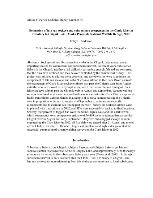 Estimation of late run sockeye and coho salmon escapement in the ...